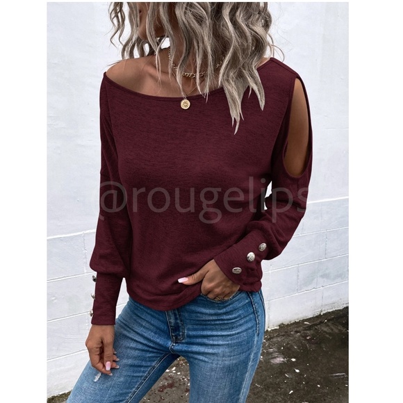 Burgundy One Cold Shoulder Asymmetric Boat Neck Long Sleeve Tee Shirt - Picture 3 of 9